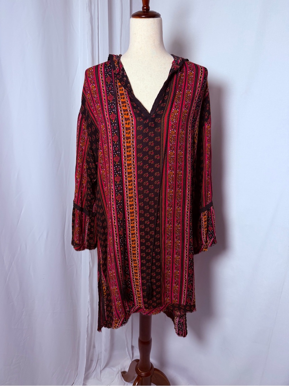 Uncle Frank Boho Multicolor Patterned Bell Sleeve Tunic Dress - Size Small